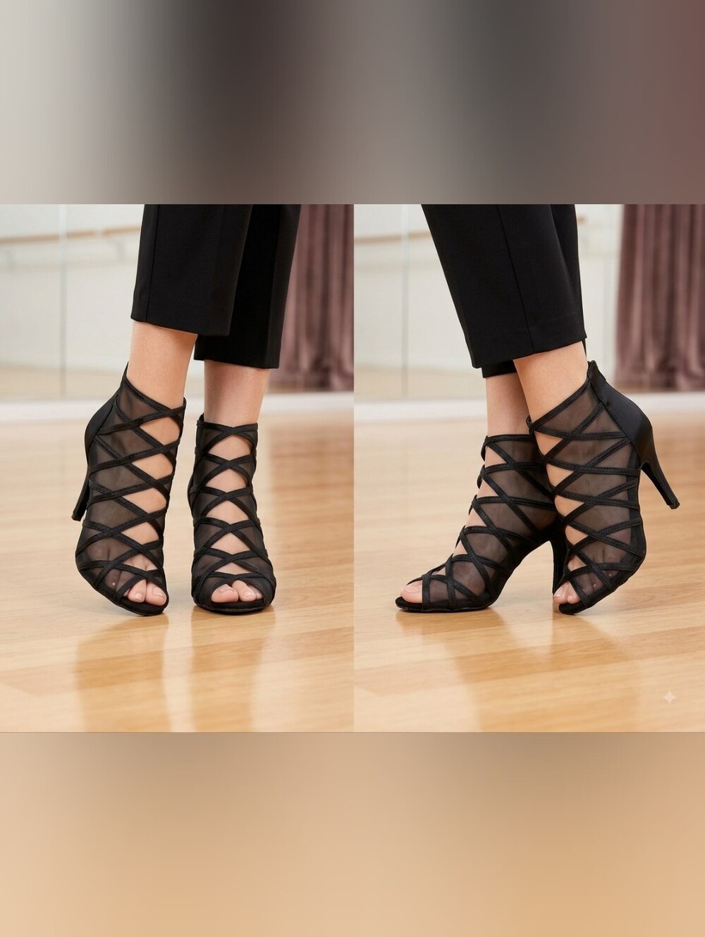 Black Strappy Mesh High-Heel Sandals 219